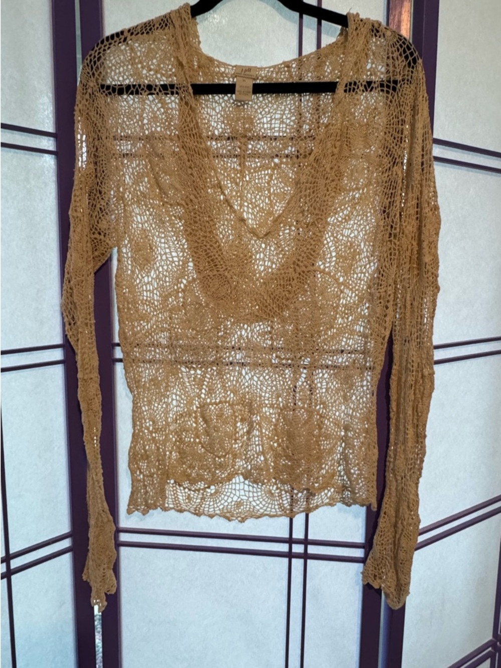 J. Jill Silk Hoodie Crochet V-Neck Open-Knit Pullover